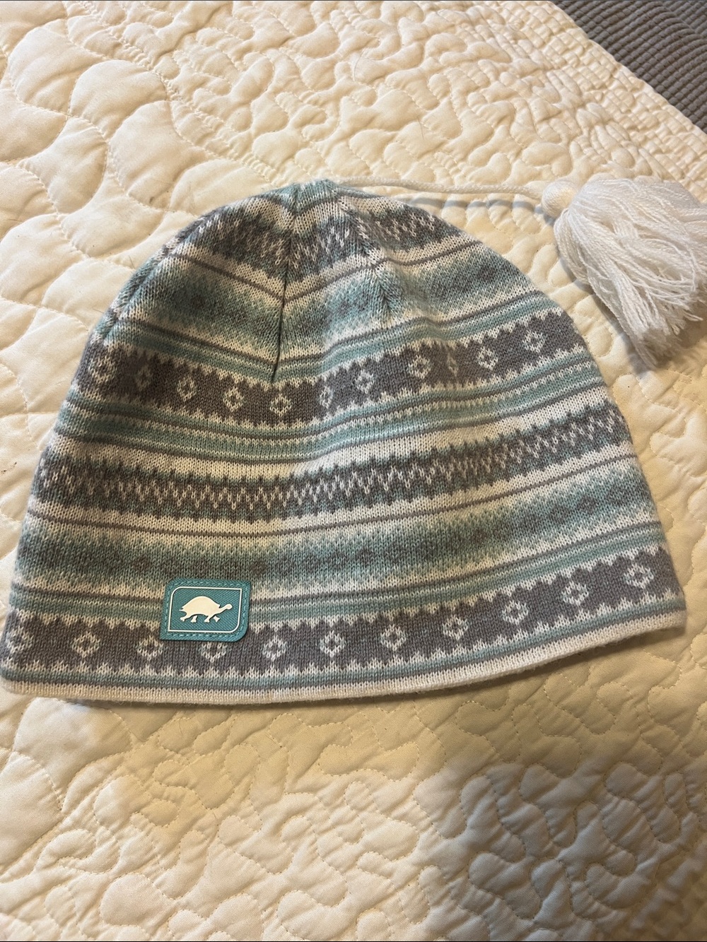 Patterned Knit Beanie in Mint & Gray - Women’s Winter Hat